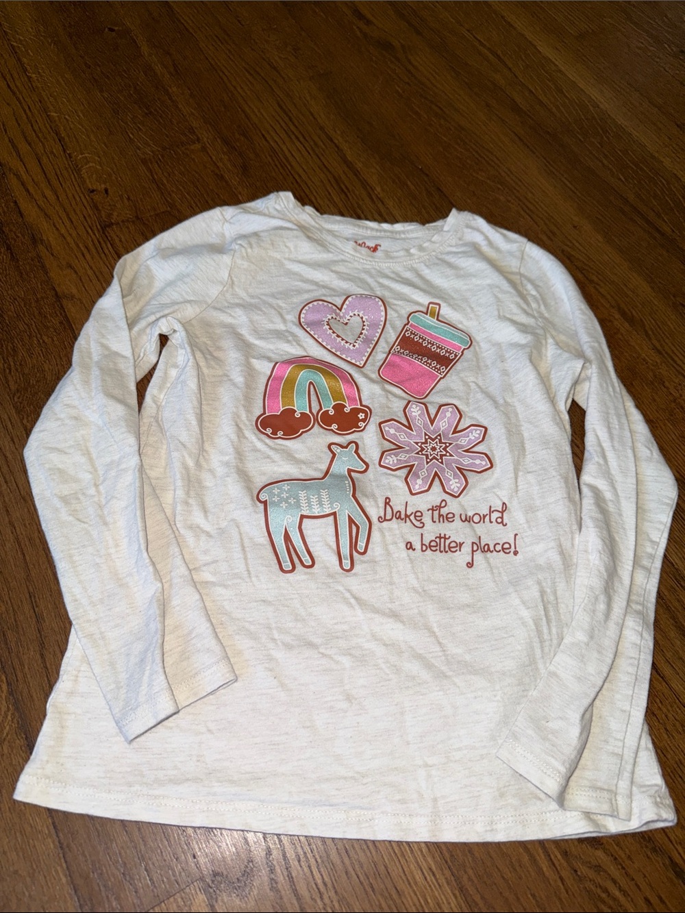 Cat & Jack White Long-Sleeve Tee with Pink, Mint & Rainbow Appliqués